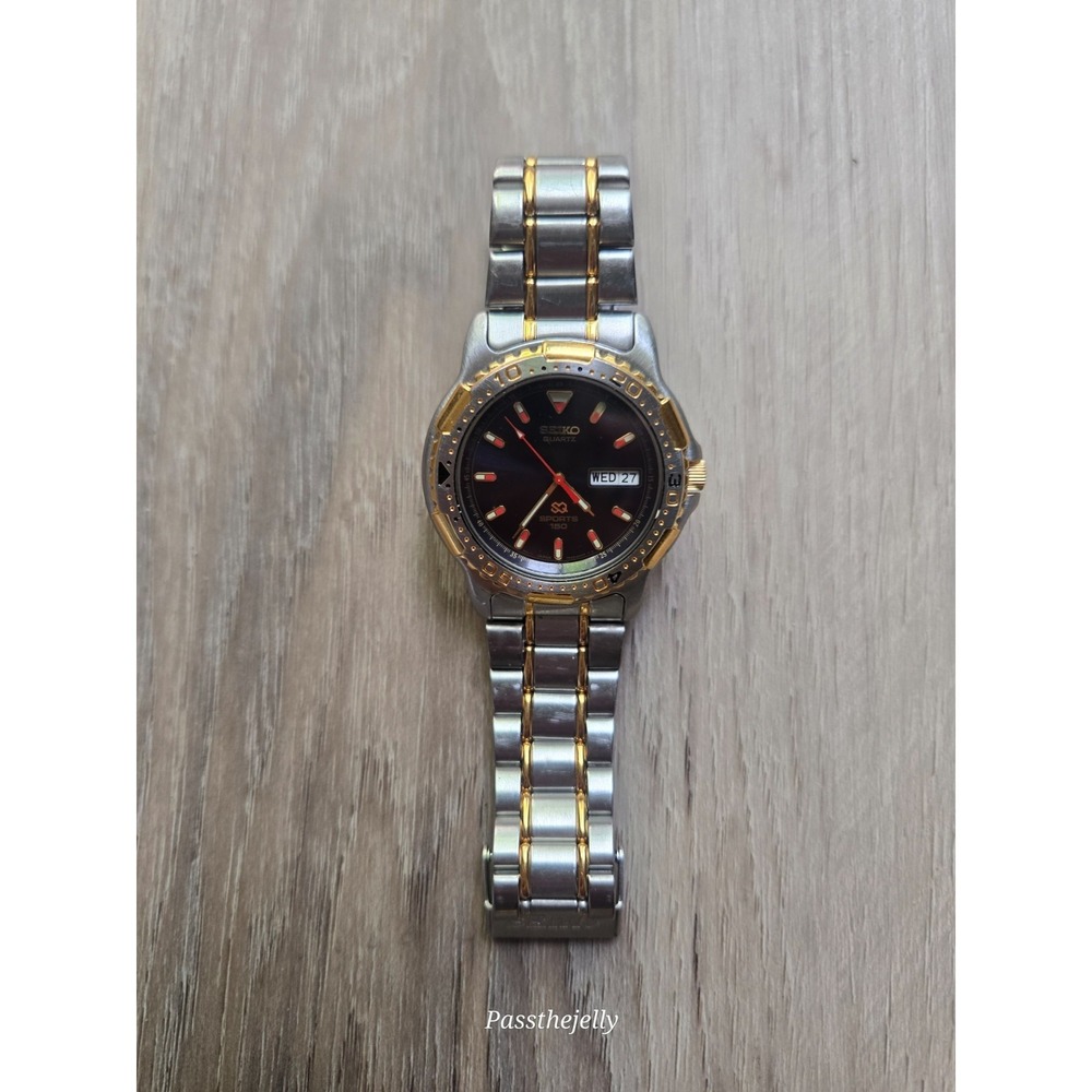 Seiko Watch Mens Sports 150 Two Tone Diver Style Black Dial Day Date Quartz Y2K